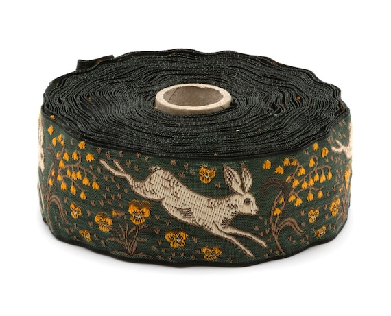 KAFKA H-27/02 Jacquard Ribbon Organic Cotton Trim 1+1/2" wide (38mm) Green w/Beige Jackrabbits