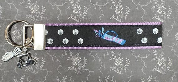 Jacquard Ribbon/Nylon Web 1" wide (25mm) Key Fobs, Black w/Golf Bag & Balls, Charms, Keychain, Wristlet, Luggage Tags 5.5" long Zipper Pulls