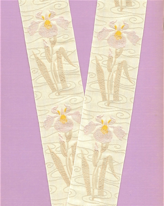 KAFKA H-10/01 Jacquard Ribbon Cotton Trim, 1-1/2" wide (40mm) From Germany, Lilac Irises with Taupe Leaves on a Beige Background, Per Yard