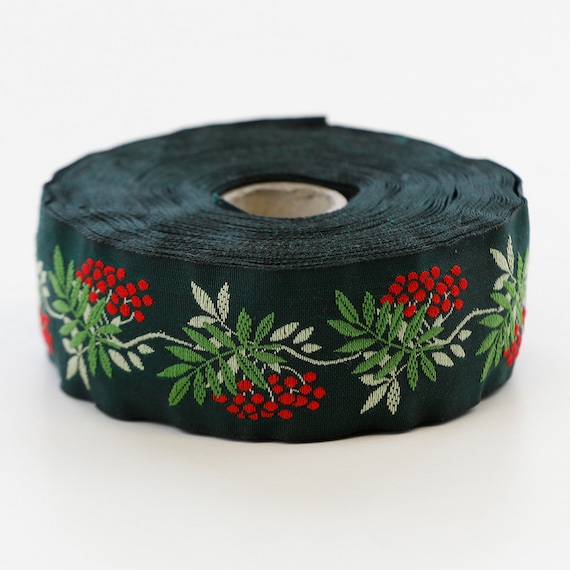 KAFKA G-05/06 Jacquard Ribbon Woven Organic Cotton Trim 1-1/4" wide (32mm) Dark Green w/Red Berries, Lt Green Leaves