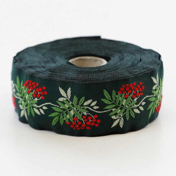 KAFKA G-05/06 Jacquard Ribbon Woven Organic Cotton Trim 1-1/4" wide (32mm) Dark Green w/Red Berries, Lt Green Leaves