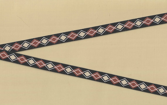 PLAIDS B-02-B Jacquard Ribbon Poly Trim 1/2" wide (13mm) Douglas Paquette, Black, Brown & Beige Argyle Design, White Accents