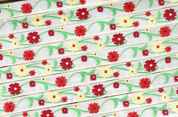 FLORAL A-41-B Jacquard Ribbon Poly Trim 3/8" Wide (9mm) Ivory Background w/Pumpkin, Cream & Red Flowers, Warm Spring Green Vines