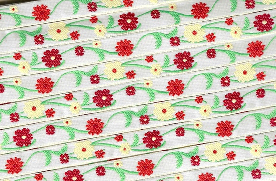 FLORAL A-41-B Jacquard Ribbon Poly Trim 3/8" Wide (9mm) Ivory Background w/Pumpkin, Cream & Red Flowers, Warm Spring Green Vines