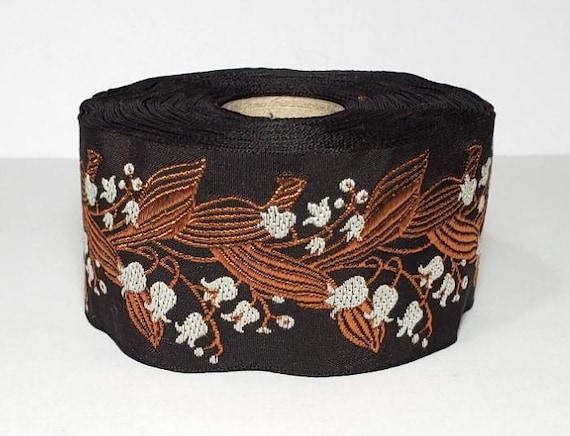KAFKA H-02/17 Jacquard Ribbon Woven Organic Cotton/Viscose Trim 1-1/2" wide (38mm) Dark Brown Off-White Lilies of the Valley Bronze Leaves