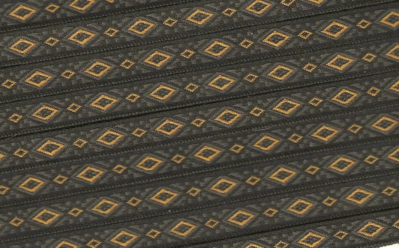 GEOMETRIC A-22-A Jacquard Ribbon Polyester Trim 7/16" wide (10mm) RARE Made in France, Black w/Brown, Taupe & Golden Yellow Diamond Design