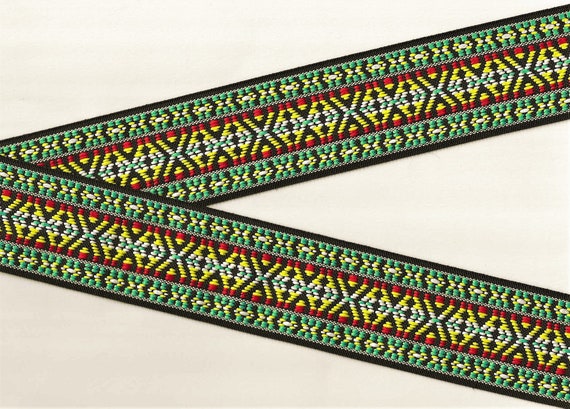 NATIVE AMERICAN K-06-G Jacquard Ribbon Polyester Trim, 2" Wide (50mm) REVERSIBLE, Black, Green, Yellow, Red w/White Accents, Per Yard