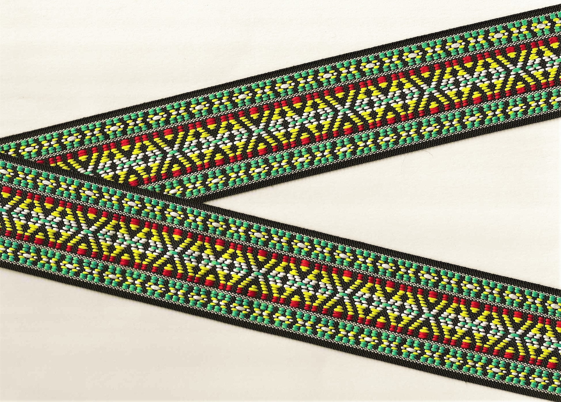 NATIVE AMERICAN K-06-G Jacquard Ribbon Polyester Trim, 2 Wide (50mm)  REVERSIBLE, Black, Green, Yellow, Red w/White Accents, Per Yard