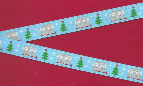 HOLIDAY E-42-A Jacquard Ribbon Poly Trim 7/8" wide (22mm) Jessica Jones "Holiday Campers" on Blue w/Trees and Snowflakes