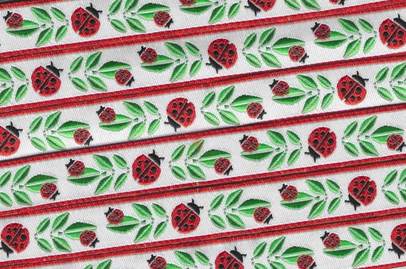 INSECTS C-14-A Jacquard Ribbon Poly Trim 5/8" wide (16mm) White w/Red Ladybugs