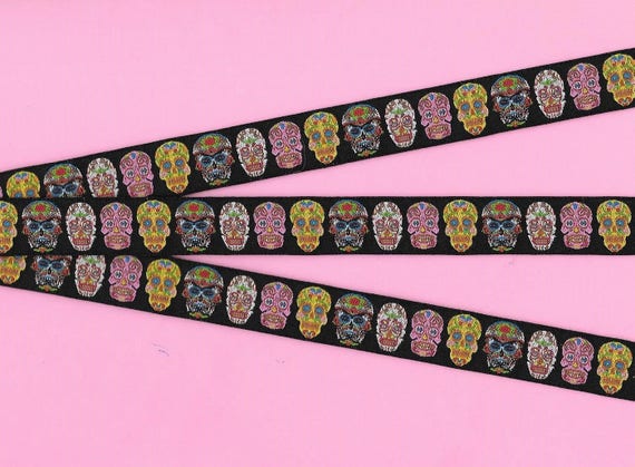 NOVELTY/Skulls C-06-A Jacquard Ribbon Polyester Trim, 5/8" Wide (16mm) Black w/Pink, Yellow & White Floral Patterned Skulls, Per Yard