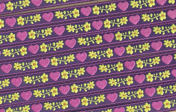 HEARTS/FLOWERS C-02-D Jacquard Ribbon Cotton Trim 5/8" wide (16mm) Made in France, Purple w/Pink Hearts, Yellow Flowers