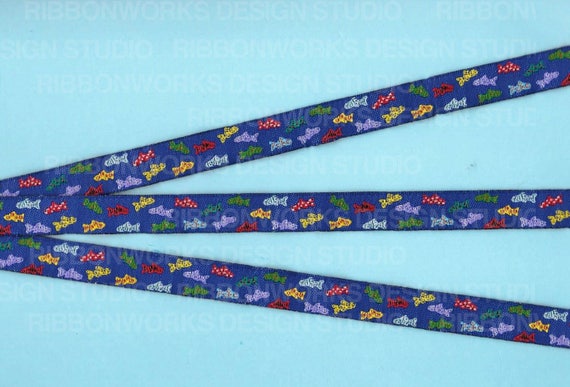 RDS B-12-A Jacquard Ribbon Poly Trim 1/2" wide (13mm) "Here Fishy-Fishy!" Blue w/Bright Fish
