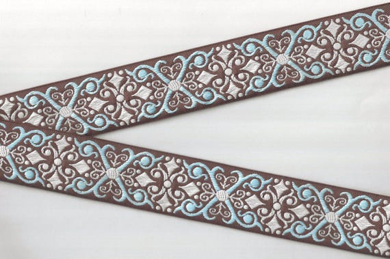 GEOMETRIC H-09-S Jacquard Ribbon Poly Trim 1-1/2" wide (38mm) Brown w/Aqua & White