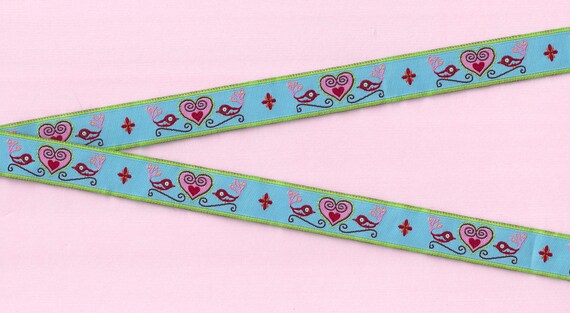 ANIMALS/Birds C-21-A Jacquard Ribbon Polyester Trim 5/8" Wide (16mm) Farbenmix Made in Germany Blue w/Red Love Birds & Pink Hearts