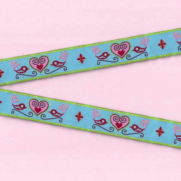 ANIMALS/Birds C-21-A Jacquard Ribbon Polyester Trim 5/8" Wide (16mm) Farbenmix Made in Germany Blue w/Red Love Birds & Pink Hearts