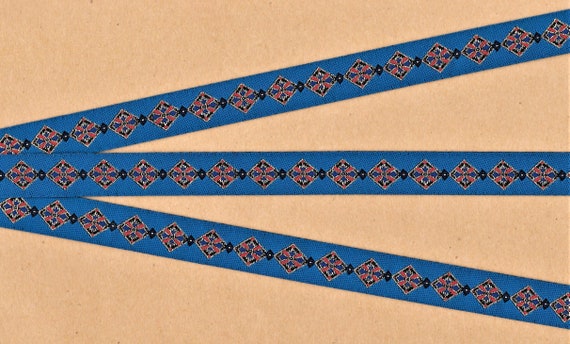 METALLIC C-12 Jacquard Ribbon Poly Trim, 5/8" Wide (16mm) Blue Background w/Diamond Pattern in Red & Navy, Gold Metallic Accents