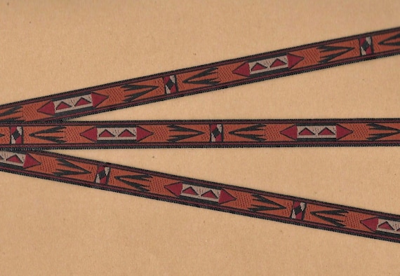 NATIVE AMERICAN B-09-A Jacquard Ribbon Poly Trim 1/2" Wide (13mm) Pumpkin Orange w/Black Borders, Burg/Black/Beige Tribal Pattern