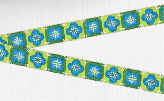 FLORAL E-30-B Jacquard Ribbon Poly Trim 7/8" wide (22mm) LFNTextiles, Lime & Green Blocks w/Blue Flowers, White Accents, Per Yard