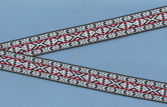 NATIVE AMERICAN F-31-D Jacquard Ribbon Poly Trim 1" wide (25mm) REVERSIBLE in Black, Blue, Pink & Red w/White Accents, Per Yard