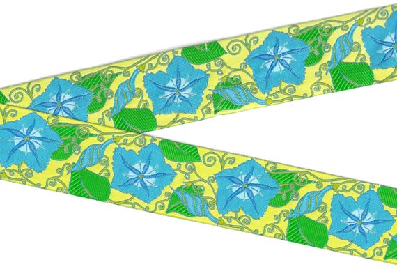 FLORAL K-72-A Jacquard Ribbon Poly Trim 2" wide (50mm) VINTAGE LFN Textiles, Yellow w/Blue Morning Glories