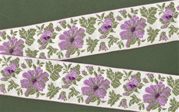 FLORAL J-22-B Jacquard Ribbon Cotton Trim 2" wide (50mm) VINTAGE, White Background w/Large Lilac Flowers, Purple Accents, Olive Leaves