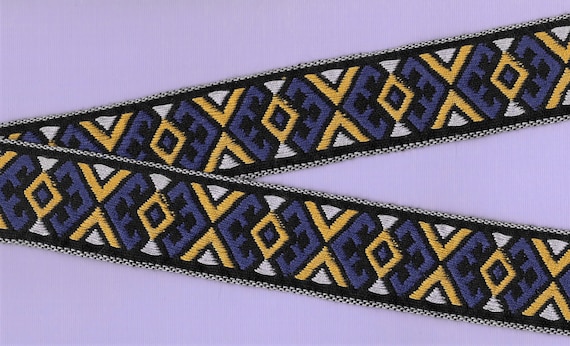 NATIVE AMERICAN H-11-C Jacquard Ribbon Cotton Trim, 1-1/2" Wide (38mm) Vintage, Rare, Black w/Purple, Lilac & Gold Diamond Pattern, REMNANTS