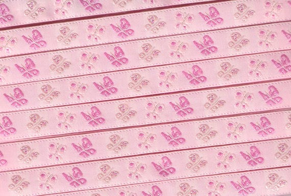 INSECTS B-03-A Jacquard Ribbon Polyester Trim 1/2" wide (13mm) Pale Pink Background w/Sweet Butterflies in Shades of Pink