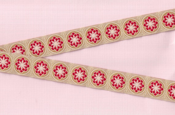 FLORAL F-03-i Jacquard Ribbon Polyester Trim 15/16" wide (24mm) Cream Background w/Large MOD Red & Pink Flowers, Beige Accents, Per Yard