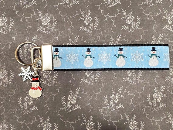 Jacquard Ribbon/Nylon Web 1" wide (25mm) Key Fobs - Snowman & Snowflakes w/Charms - Keychain, Wristlet, Luggage Tags 5.5" long