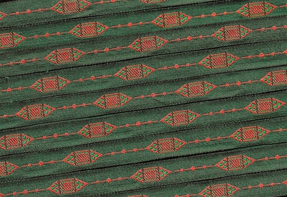 KAFKA A-04/23 Jacquard Ribbon Woven Organic Cotton Trim 7/16" wide (10mm) Green Background w/Orange & Green Small Diamonds