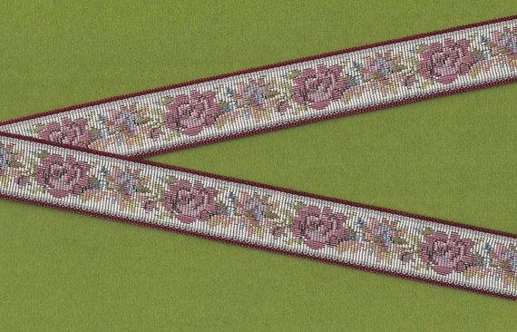 FLORAL TAPESTRY F-22-A Jacquard Ribbon Poly Trim 1-1/8" wide (28mm) "Petit Point" Variegated Rose Pink Flowers, Green Leaves on Gray