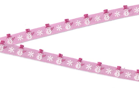 SNOWMAN C-01-A Jacquard Ribbon Cotton Trim 5/8" Wide (16mm) VINTAGE from France, Pink w/Snowmen (Fringe Hats) & Snowflakes