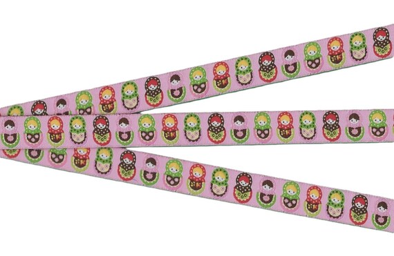 CHILDREN'S C-28-A Jacquard Ribbon Poly Trim 5/8" Wide (16mm) Pink w/Multi-Colored Matryoshka Nesting Dolls
