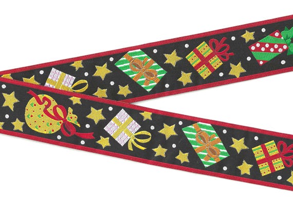 HOLIDAY H-12-A Jacquard Ribbon Poly Trim 1-1/2" wide (38mm) Mary Engelbreit Design, Black w/Presents, Gift Sack & Stars, Metallic Accents