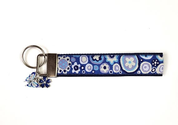 FLORAL Jacquard Ribbon/Nylon Web 1" wide (25mm) Key Fobs, Blue Floral w/Charms, Keychain, Key Wristlet, Luggage Tags, 5.5" long