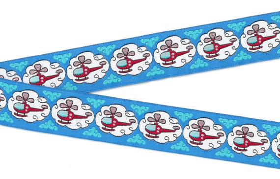 CHILDREN's G-07-A Jacquard Ribbon Polyester Trim 1-1/4" wide (32mm) Blue Background w/Red Helicopters Flying in a Cloud Motif