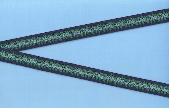 RDS C-28-A Jacquard Ribbon Polyester Trim 5/8" wide (16mm) Sweet Blueberries on Navy Background w/Green Leaves