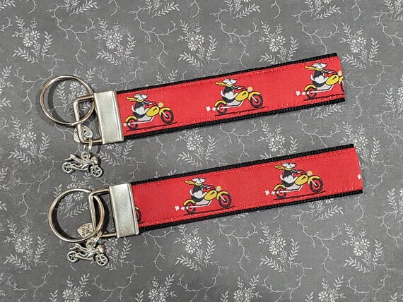 Jacquard Ribbon/Nylon Web 1" wide (25mm) Key Fobs, "Biker Dog" w/Charms, Keychain, Wristlet, Luggage Tags 5.5" long, Zipper Pulls