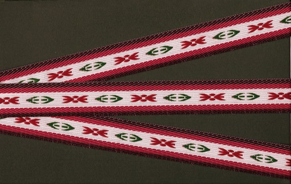 NATIVE AMERICAN F-01-C Jacquard Ribbon Poly Trim 1" Wide (25mm) Cream Background, Burgundy Borders, Green & Burgundy Accents