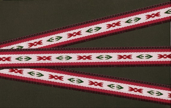 NATIVE AMERICAN F-01-C Jacquard Ribbon Poly Trim 1" Wide (25mm) Cream Background, Burgundy Borders, Green & Burgundy Accents, Per Yard