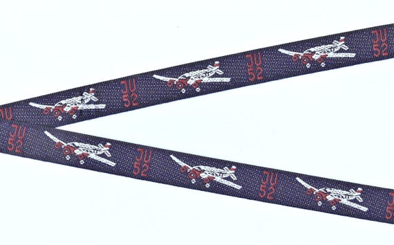 NOVELTY D-01-A Jacquard Ribbon Polyester Trim 3/4" wide (20mm) Navy Background w/Grey JU52 German Transport/Bomber, Burgundy Accents