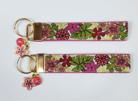 FLORAL (Pink & Olive Green) Jacquard Ribbon/Nylon Web 1" wide (25mm) 5.5" long Key Fob w/Charms