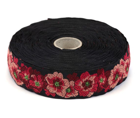 KAFKA F-17/05 Jacquard Ribbon Organic Cotton Trim 1" wide (25mm) Black w/Red & Apricot Flowers
