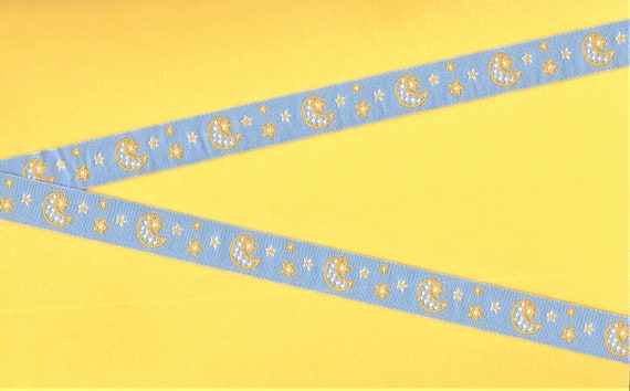 CHILDREN's C-13-A Jacquard Ribbon Poly Trim 5/8" wide (16mm) From France, Blue Background, Yellow & White Moons and Stars REMNANTS