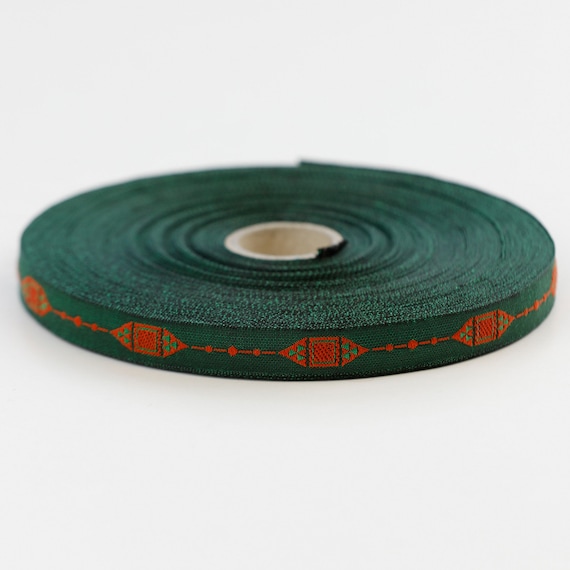 KAFKA A-04/23 Jacquard Ribbon Woven Organic Cotton Trim 7/16" wide (10mm) Green Background w/Orange & Green Small Diamonds, Per Yard