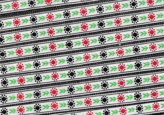 FLORAL A-15-D Jacquard Ribbon Poly Blend Trim 1/2" wide (13mm) White Background, Black and Red Flowers, Green Leaves