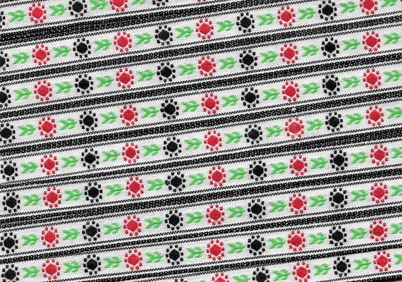 FLORAL A-15-D Jacquard Ribbon Poly Blend Trim 1/2" wide (13mm) White Background, Black and Red Flowers, Green Leaves