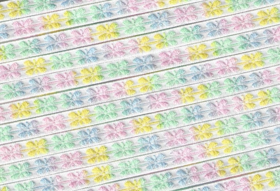 FLORAL A-07-C Jacquard Ribbon Cotton Trim 5/16" wide (8mm) White Background w/Variegated Pastel Blue, Mint, Pink & Yellow Flowers