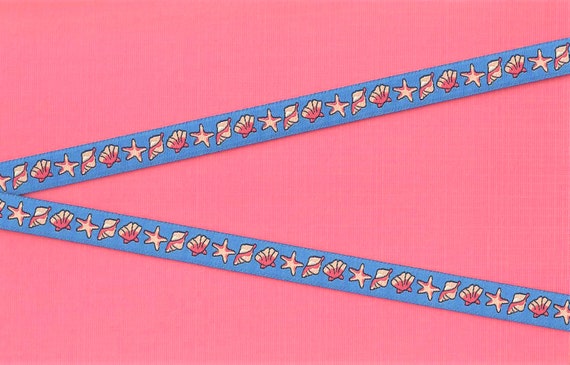 NOVELTY/Beach B-10-A Jacquard Ribbon Poly Trim 1/2" wide (13mm) Sky Blue Background w/Coral Colored Seashells, 1yd+9" REMNANT